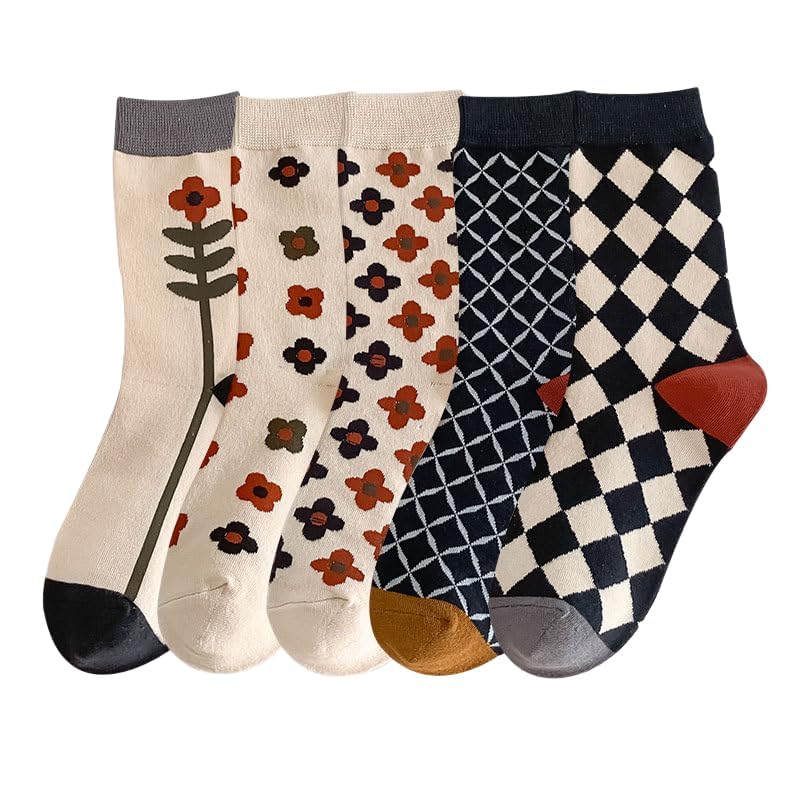 5/10 Pairs Cute Floral Socks, Cottagecore Crew socks, Smiley Face Colorful Socks for Women Girls2