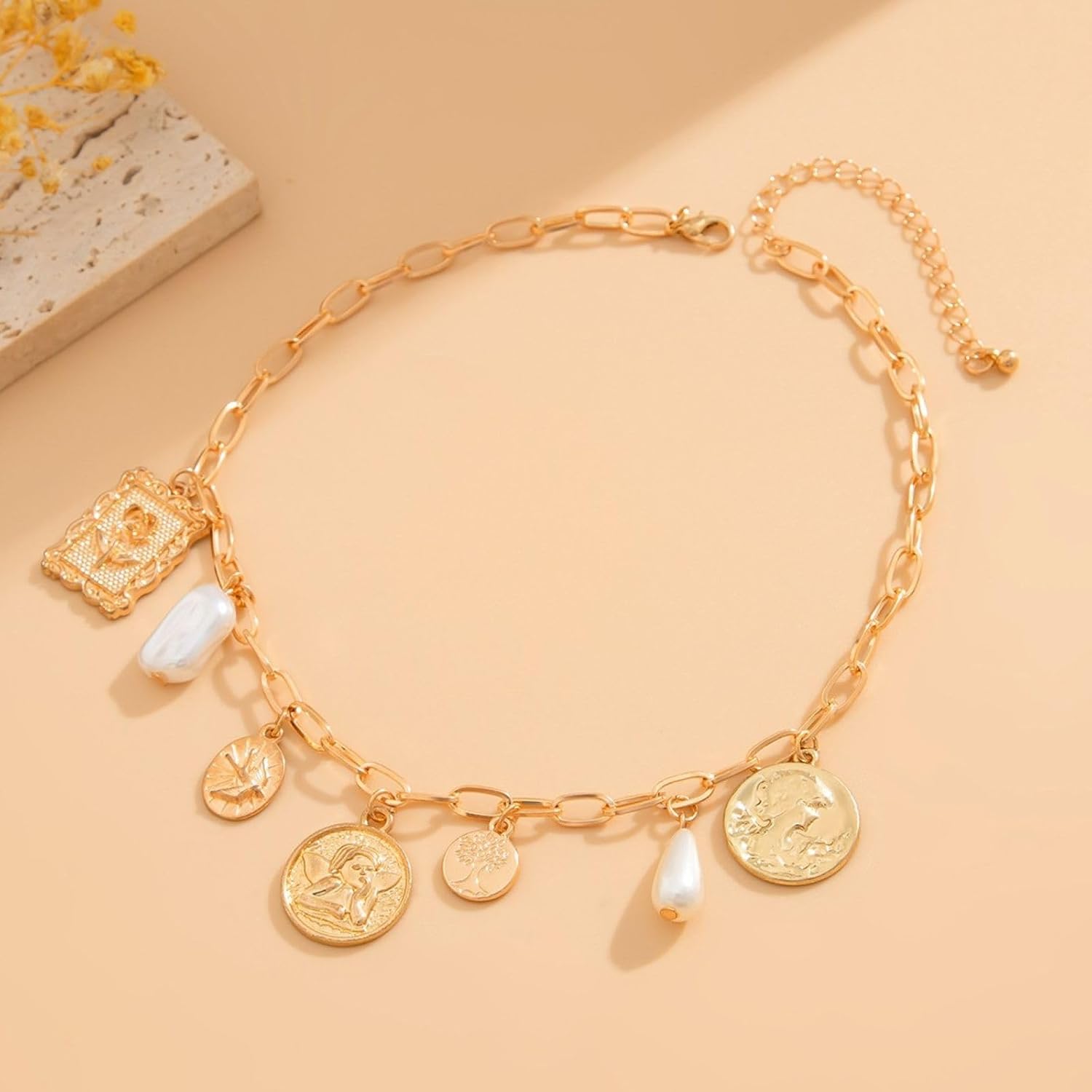 Gold Charm Necklace for Women Pearl Choker Necklace Head Portrait Square Pendant Necklace Boho Charm Necklace Jewelry for Women - Image 6