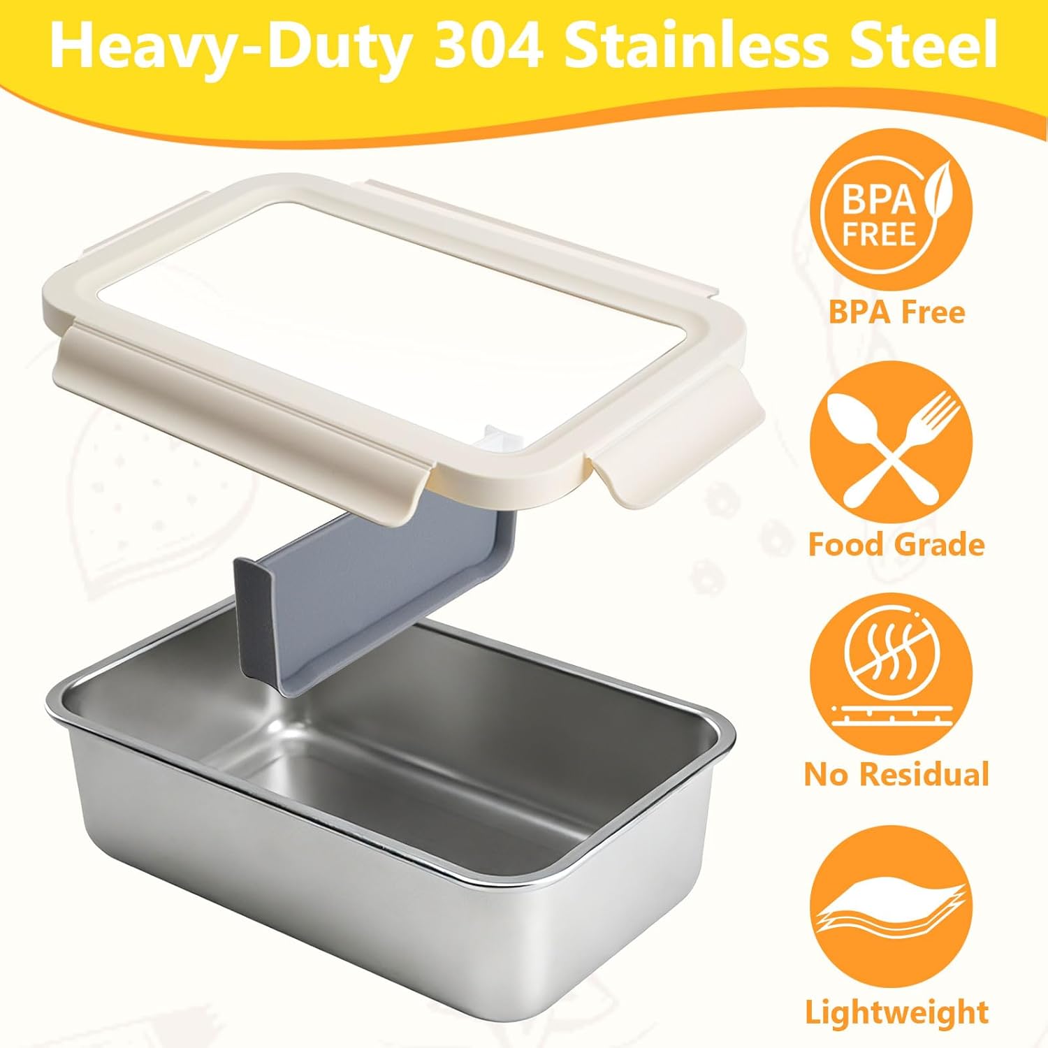 YINGRACE Stainless Steel Lunch Box Container for Adult, 42oz/1250ml Leak Proof Bento Box, Microwave-Safe with Removable Divider, Clear Airtight Lid Lunchbox for Work, Hike, Travel, Silver - Image 2