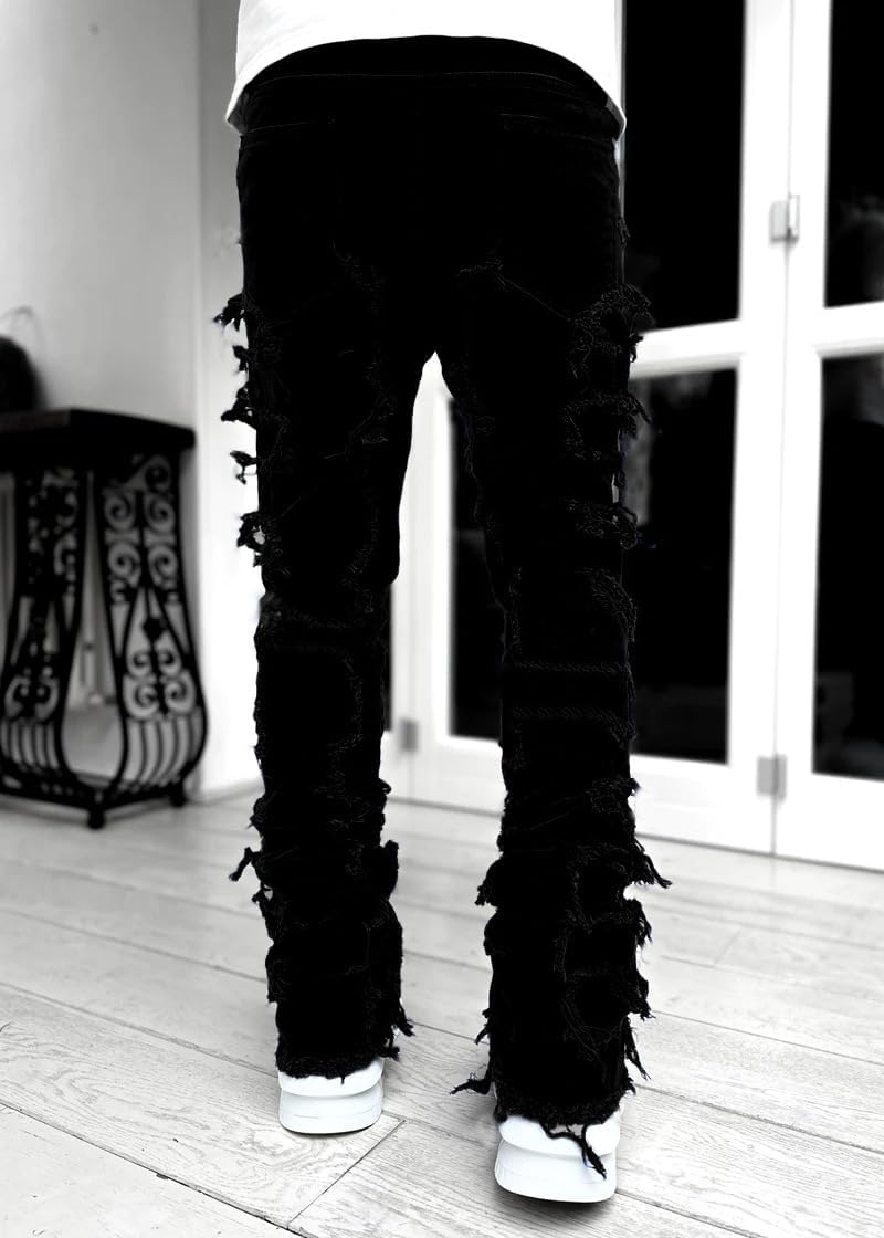 Boy's Skinny Fit Ripped Distressed Straight Leg Jeans Hip Hop Slim Denim Pants