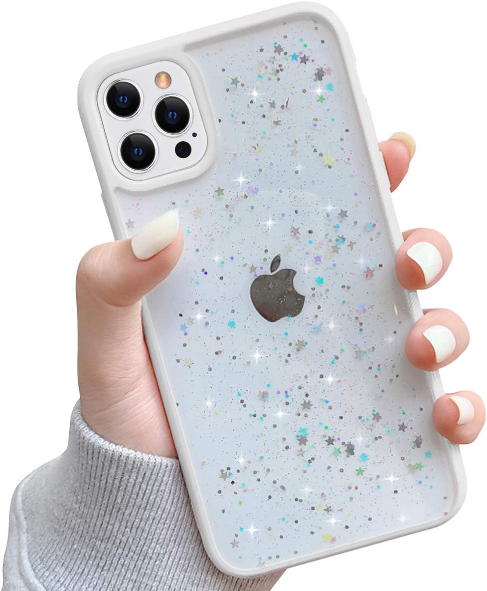 Ownest Compatible with iPhone 12 Pro Max Case,Clear Sparkly Bling Star Glitter Design for Women Girls Soft TPU Shockproof Anti-Scratch Protective Cases for iPhone 12 Pro Max-(White)