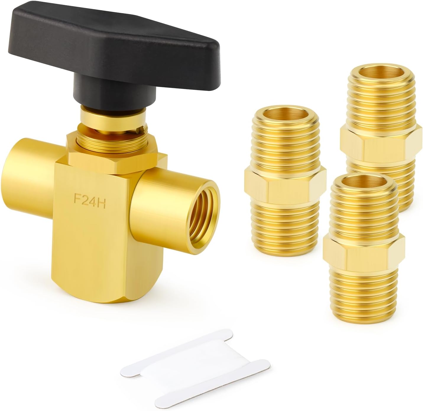 GASHER 2PCS 1/4" FNPT Brass Instrument 3 Way Ball Valve (L-PORT) with Black Handles & 1/4"NPT Nipple