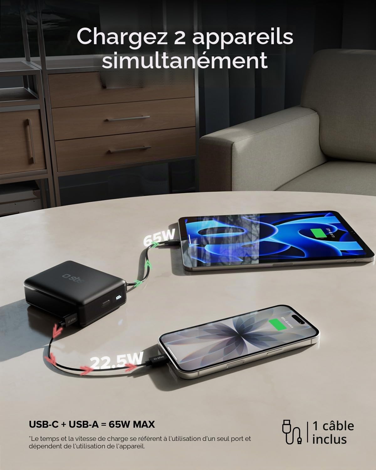 SBS NanoTube PowerBank HD, 20000mAh, 65W de Puissance (3.1 PPS), AFC, Batterie Externe avec Charge Rapide, Haute Densité, Écran LCD, USB-C, Chargeur de Voyage Portable, Design Compact, Noir