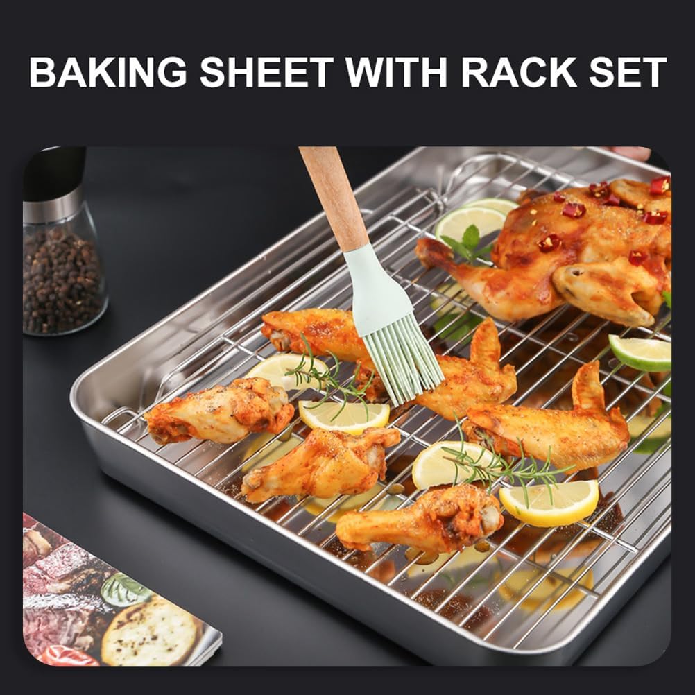 MAGICLULU 1set Japanese Style Baking Tray Stainless Steel Baking Pan with Nonstick Roasting Rack for Cakes Roasting Chicken Meat and Vegetables Easy to Clean