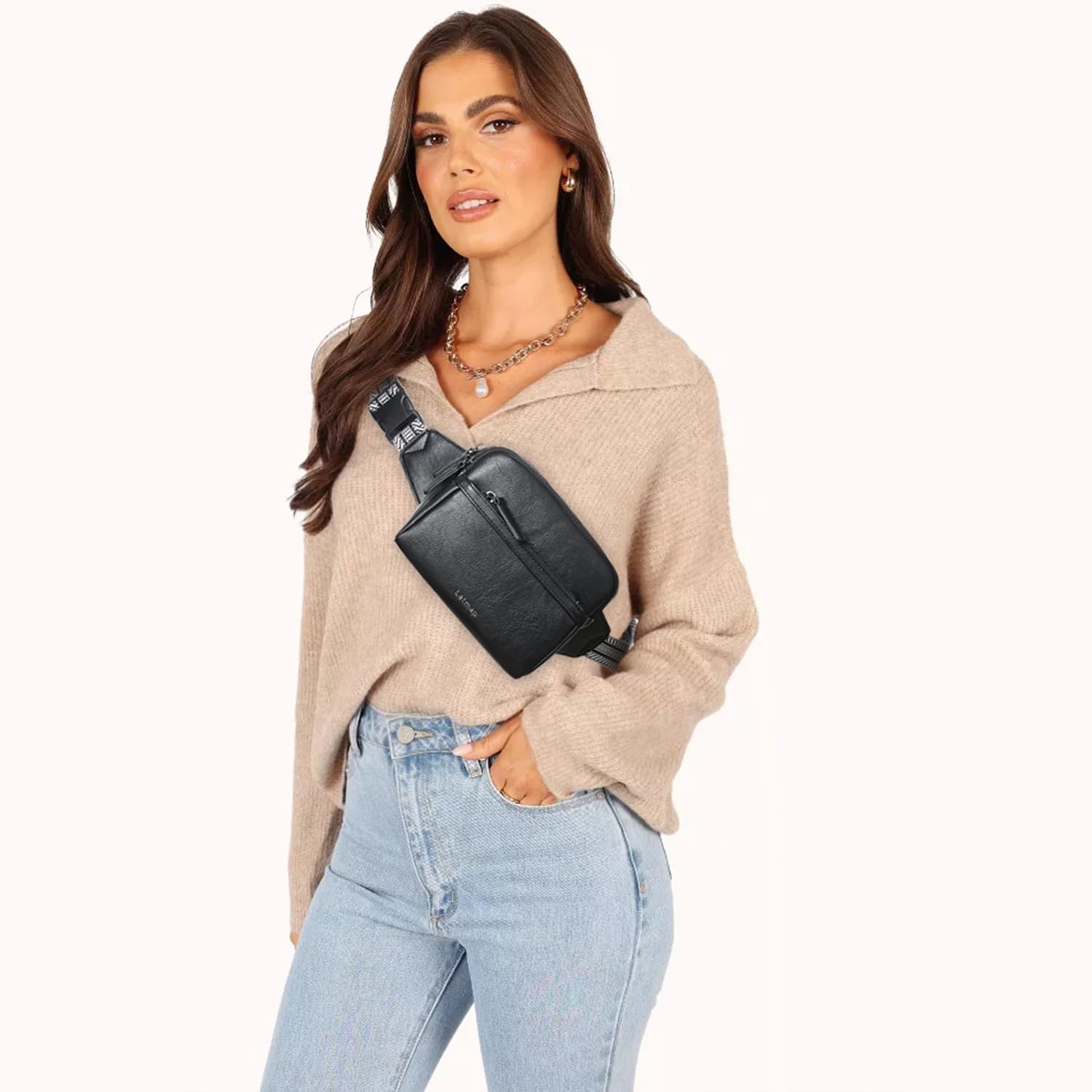LATMAP 3L Fanny Pack Bumbags for Women Men 4-Zipper Pockets Belt Bag Sling Waist Pack Faux Leather Chest Bag Black - Image 2