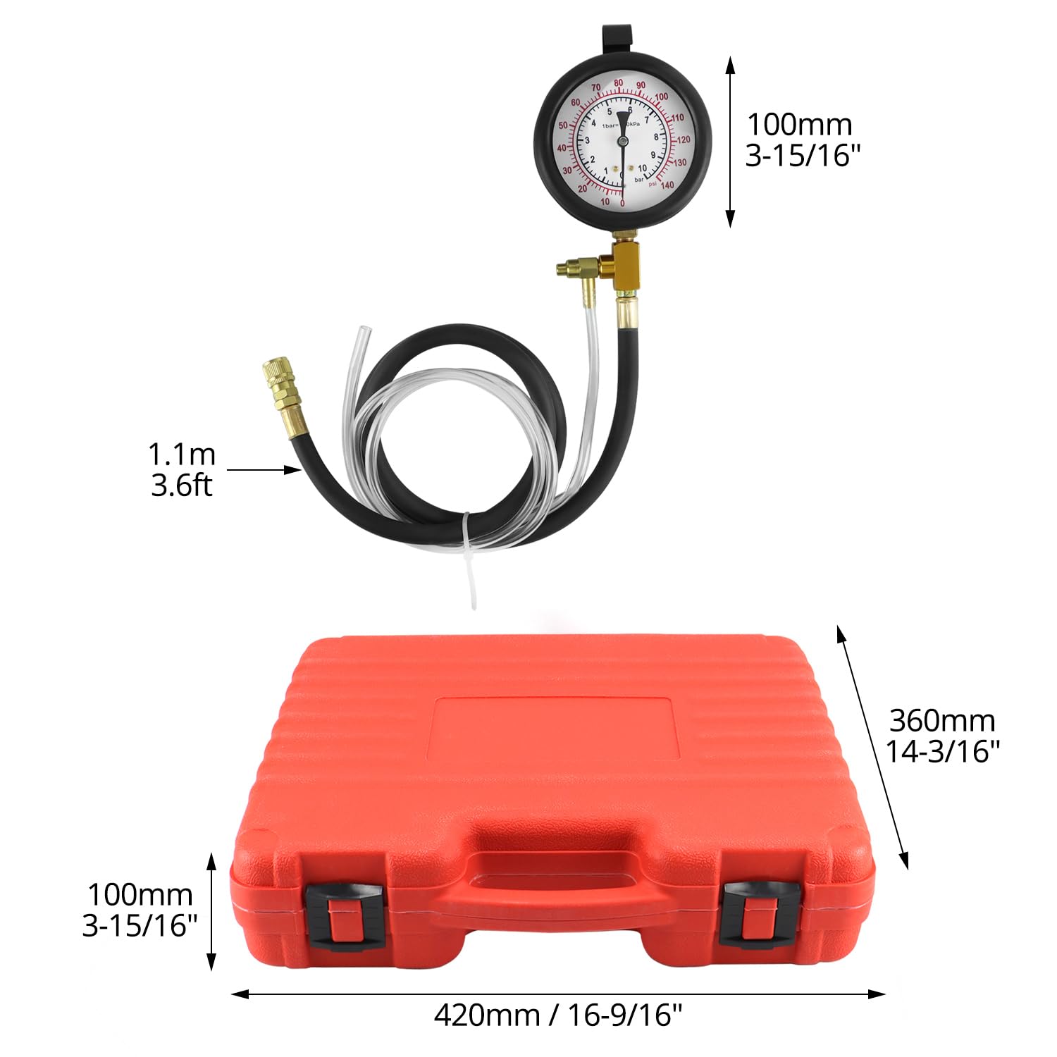QWORK® Tester di pressione benzina, manometro carburante per sistemi di iniezione, manometro 0-140 PSI / 0-10 bar