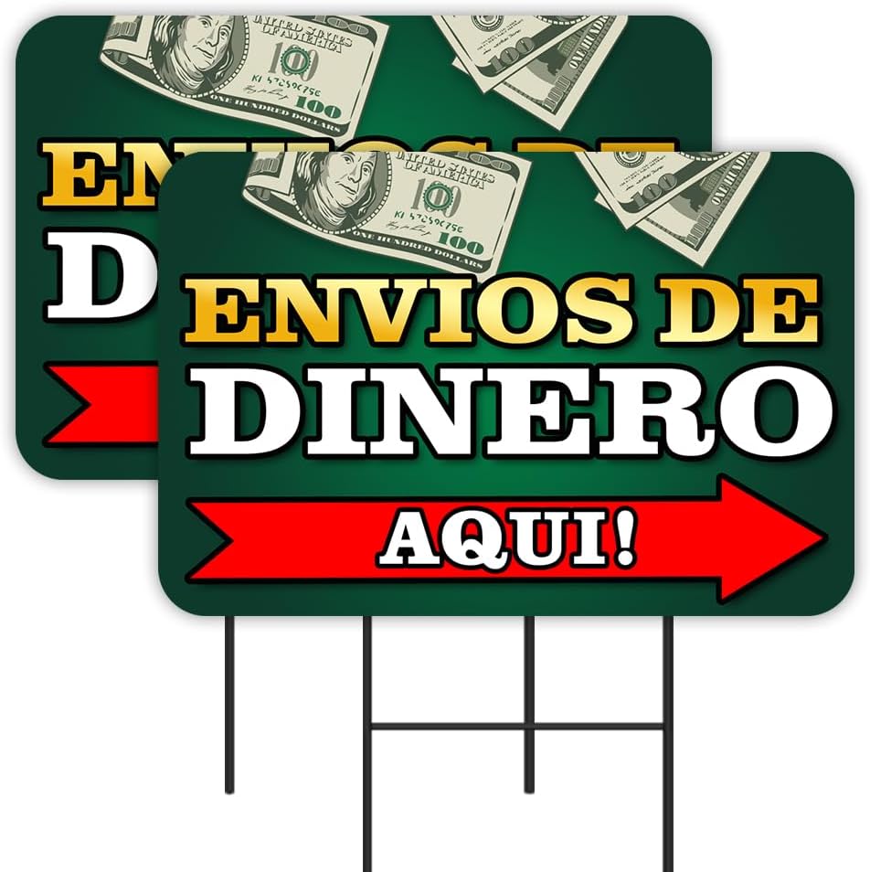 Envios De Dinero Aqui 2 Pack Double-Sided Yard Signs 16" x 24" with Metal Stakes (Made in Texas)