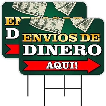 Envios De Dinero Aqui 2 Pack Double-Sided Yard Signs 16" x 24" with Metal Stakes Made in Texas