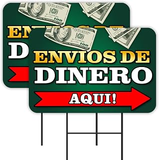 Envios De Dinero Aqui 2 Pack Double-Sided Yard Signs 16" x 24" with Metal Stakes (Made in Texas)