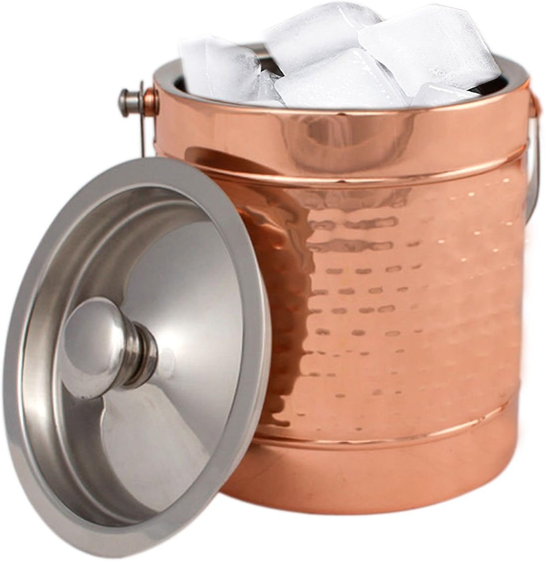 Copper Stainless Steel Double wall Ice Bucket with Lid - Hammered Wine Bottle Cooler Ice Bucket - Copper Coated Stainless Steel Double Wall Ice Bucket with Lid