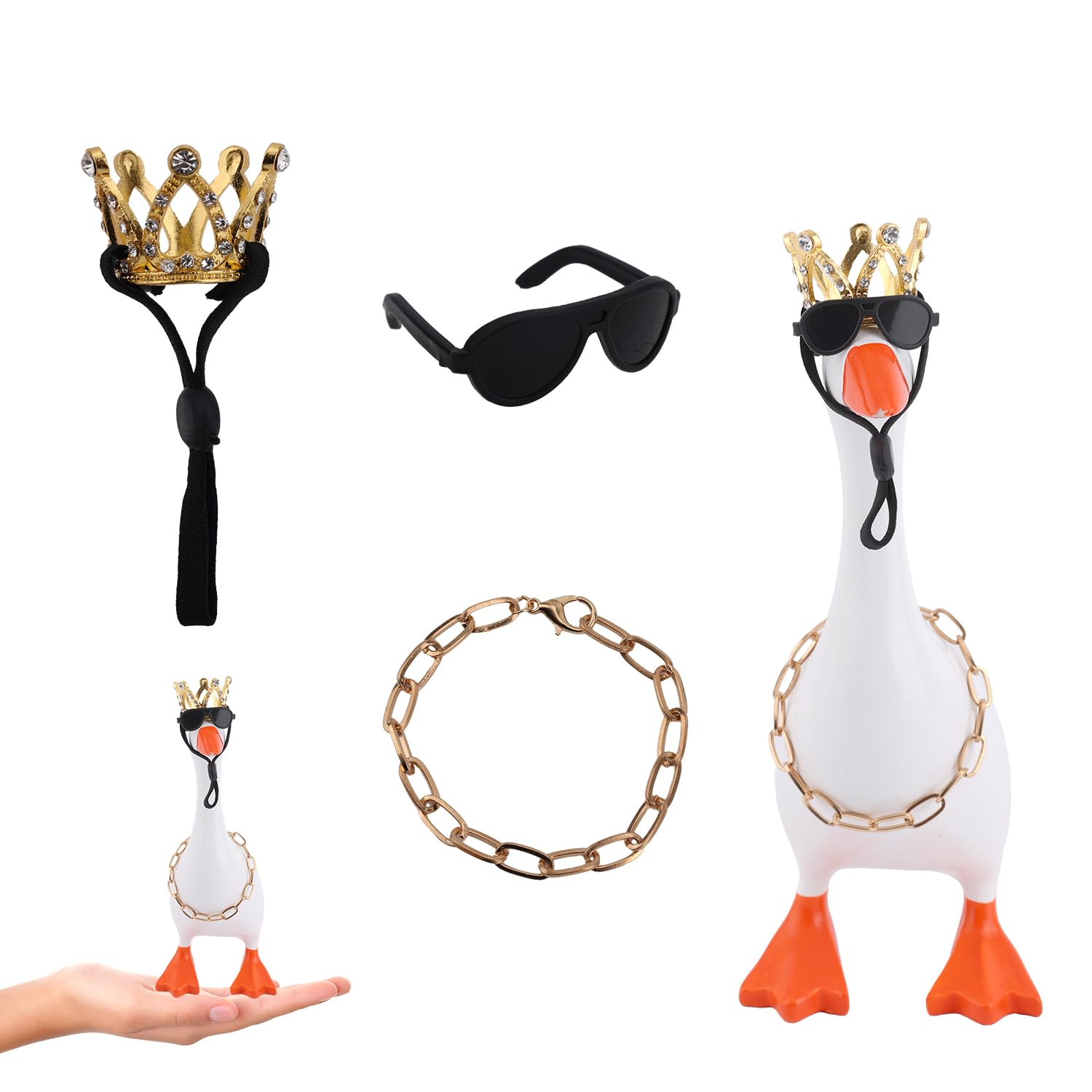 Penitue Mini Desk Goose Outfits Set, Miniature Desktop Goose Clothes with Small Crystal Tiara Crown Necklace Sunglasses for 7in/17.78cm Tiny Gooses Statue Decor