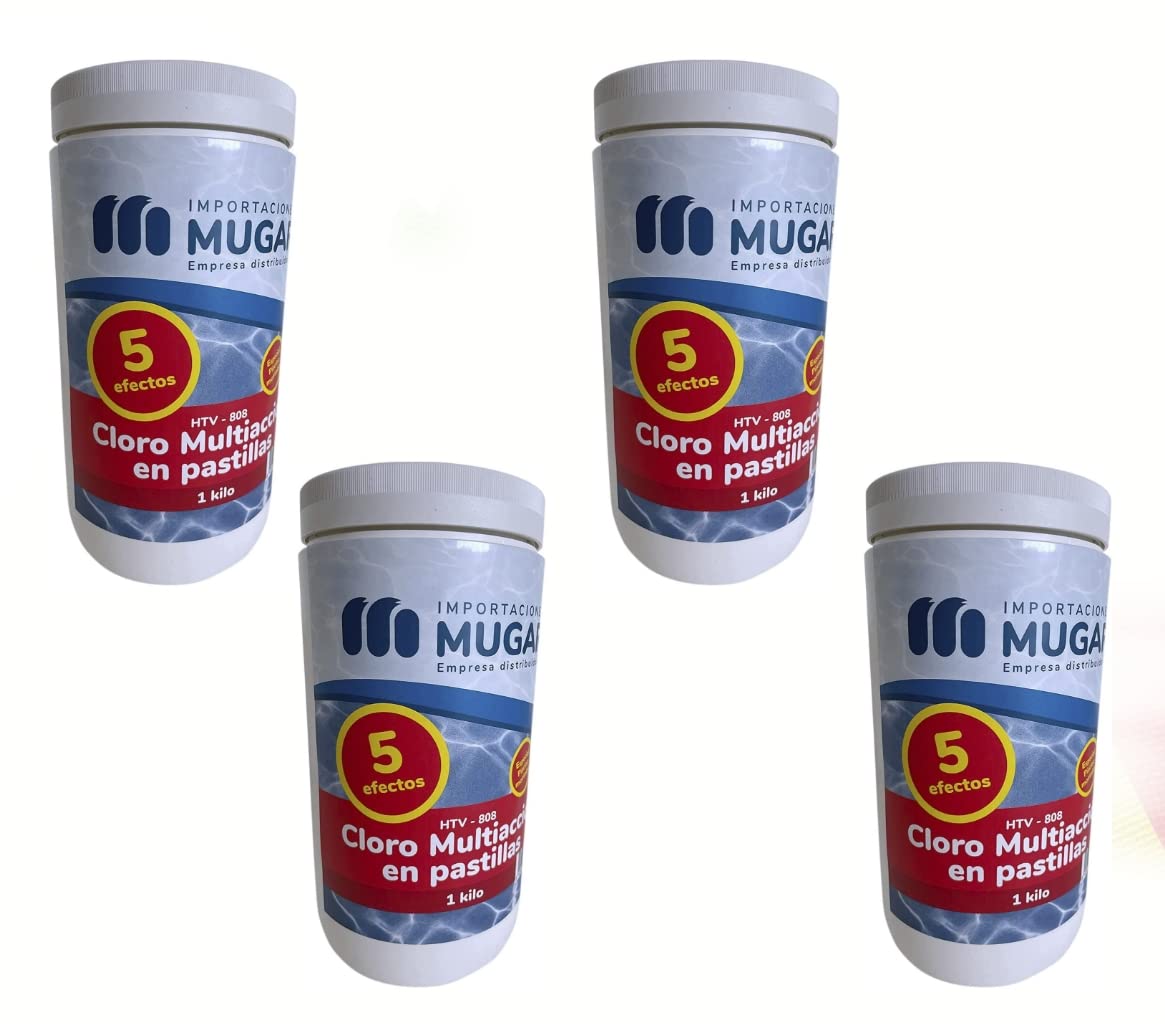 Mugar- Cloro 5 Acciones 1kg en Pastillas de 20 Gramos para Piscinas Pequeñas o Desmontables- Paquetes de 2 o 4kg (4)