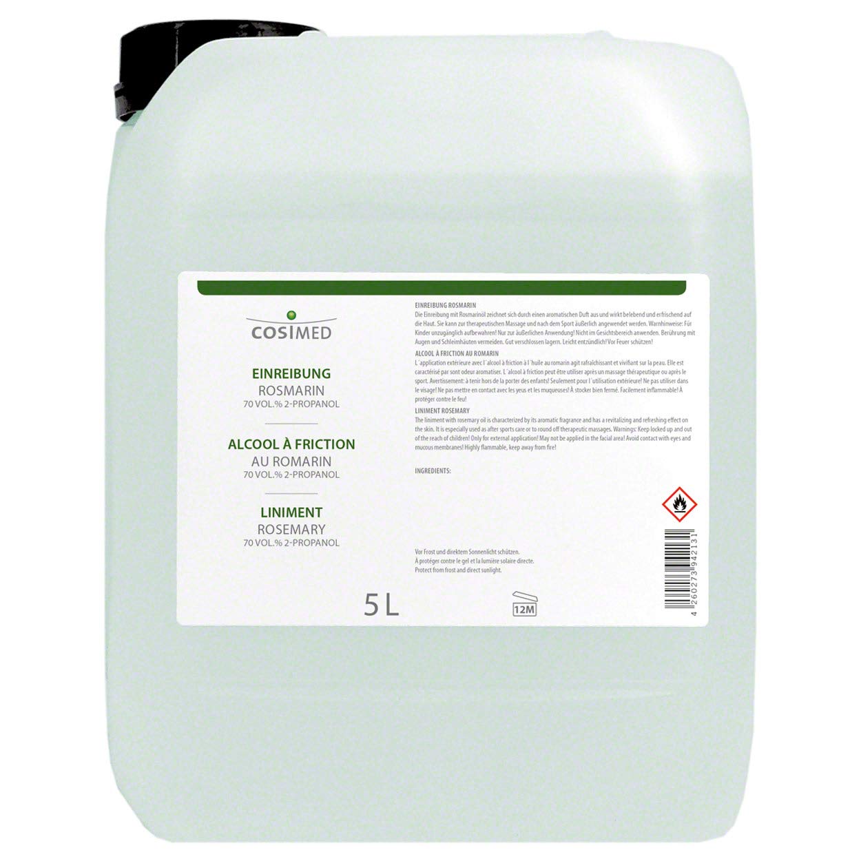 cosiMed Einreibung Rosmarin, Massage Sport Wellness Franzbranntwein 70% IPA, 5 l