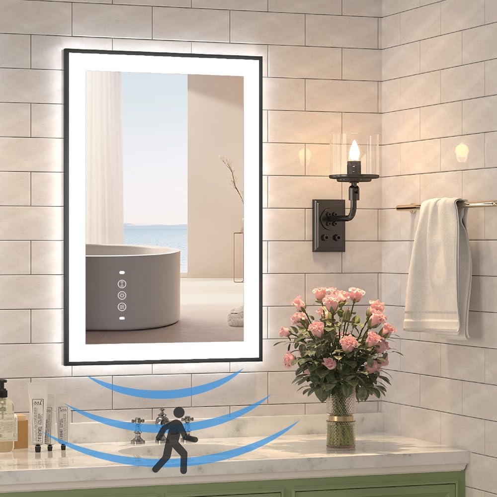 20 x 28 Inch LED Bathroom Mirror with Lights, Front & Back Lit Mirrors for Bathroom Wall Mount, Aluminum Black Frame Decor, Anti-Fog, Dimmable 3 Colors, Shatter-Proof Tempered Glass, Motion Sensor 20"L x 28"W