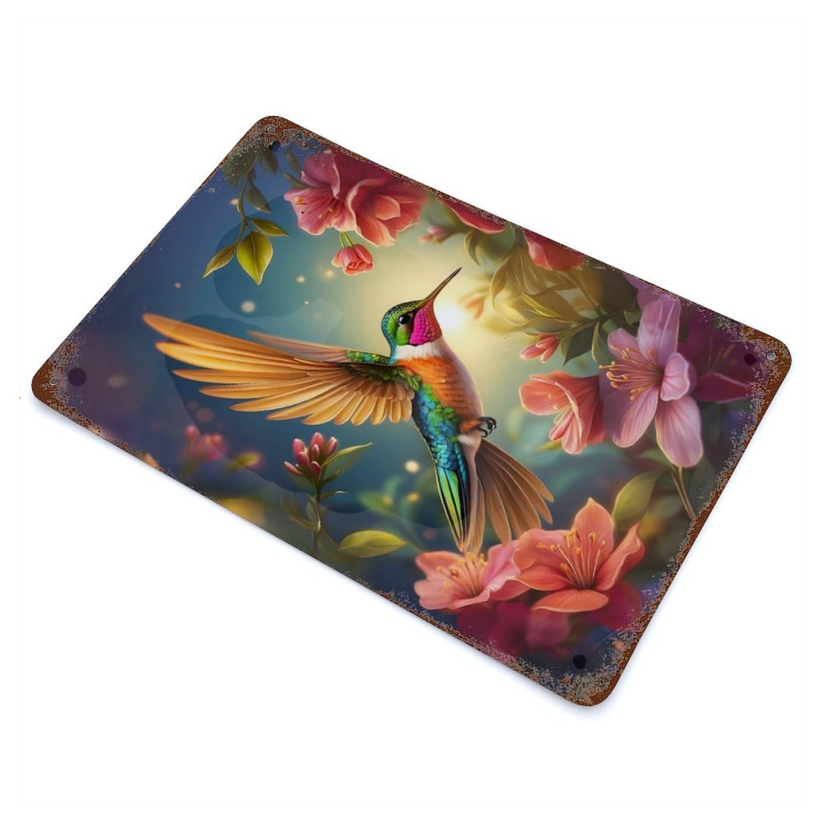 Garage Style Enchanted Hummingbird Weathered Tin Sign 11.8"x7.9", Classic Wall Plaque for Bar And Workshop