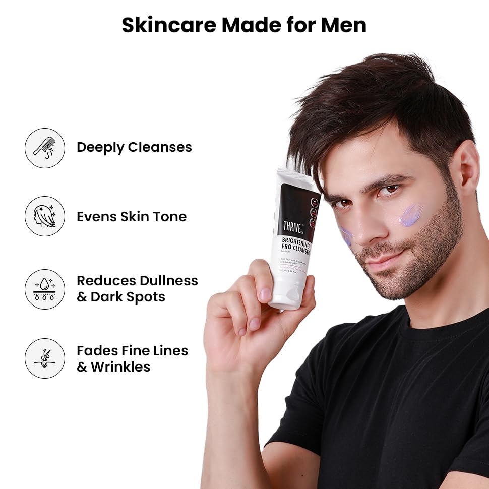 Image of ThriveCo Brightening PRO Cleanser for Men with Probiotic Rice Water, Vit C, Kojic Acid, Alpha Arbutin & Glutathione | Anti-ageing Face Wash, Boosts Collagen, Clears Skin & Removes Dark Spots | 100ml