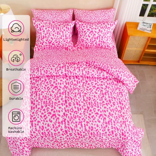 Image of lasoftan Leopard Queen Comforter Set with Sheets, 7 piece Luxury Vintage Bedding, Soft Microfiber Bed in a Bag, Cozy Lightweight Bed Set, Hot Pink Cheetah Print