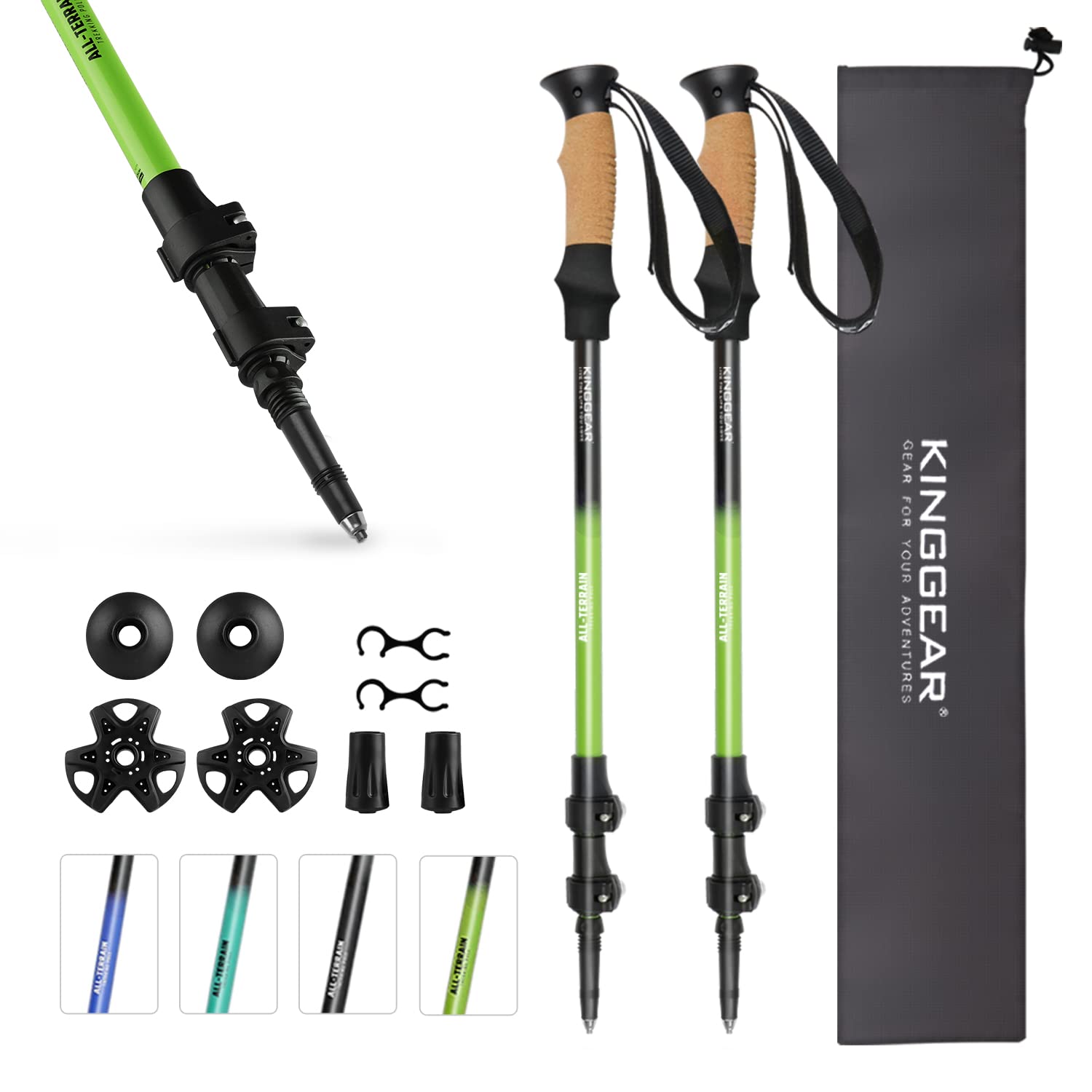 KINGGEAR Walking Sticks - Adjustable Hiking Poles, Trekking Poles with Quick Flip Lock, Lightweight Collapsible, Durable 7075 Aluminum, Natural Anti-Sweat Cork Grips, All Terrain