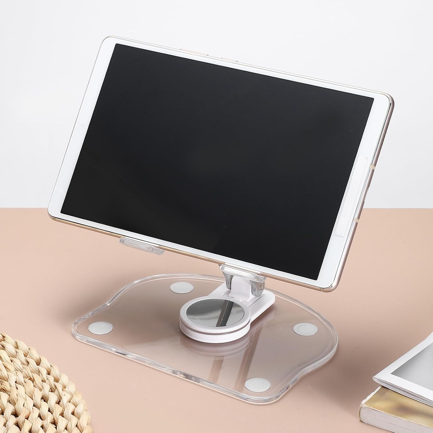 PATIKIL 2 PCS Acrylic Tablet Stand, Acrylic Tablet Holder Adjustable Foldable Portable Clear Cute with 360 Degree Rotating Base for Desk Home Office Women Gifts, White