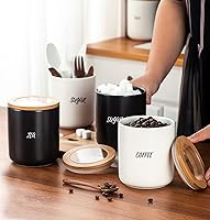 Vista 6 de Sello de almacenamiento de alimentos de cerámica de color puro Pot Spice Jar Sugar Bowl con tapa de bambú - Azúcar-Negro