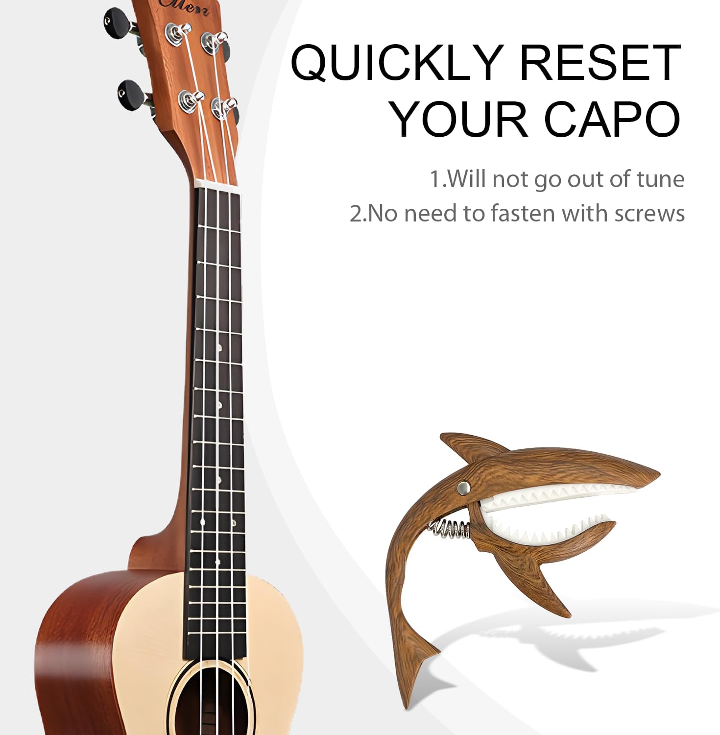 Wood Grain Shark Guitar Capo for Electric Guitar, Acoustic, Ukulele – Zinc Alloy No Fret Noise, Swift Release Capo with Pouch