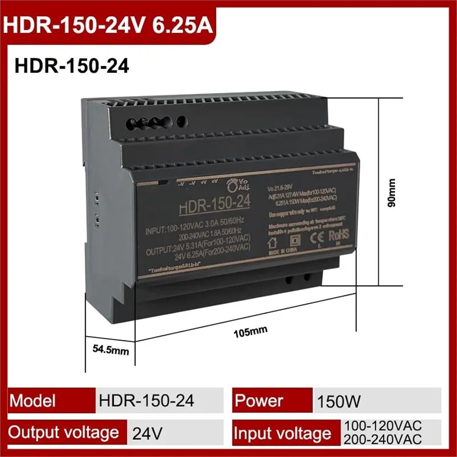 15W 30W 60W 100W 150W Ultrathin Switching Power Supply 5V 15V 12V 24V HDR DIN Rail Mounting Transformer(HDR-150-24V)