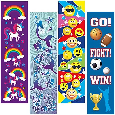 Kids Bookmarks Bulk Variety Pack - 48 Bookmarks Total (12 Mermaid, 12 Unicorn, 12 Emoticon, 12 Sports) - Birthday Party Favors - Student Prizes - Teacher Supply Packs - Reading Incentives