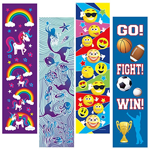 Kids Bookmarks Bulk Variety Pack - 48 Bookmarks Total (12 Mermaid, 12 Unicorn, 12 Emoticon, 12 Sports) - Birthday Party Favors - Student Prizes - Teacher Supply Packs - Reading Incentives