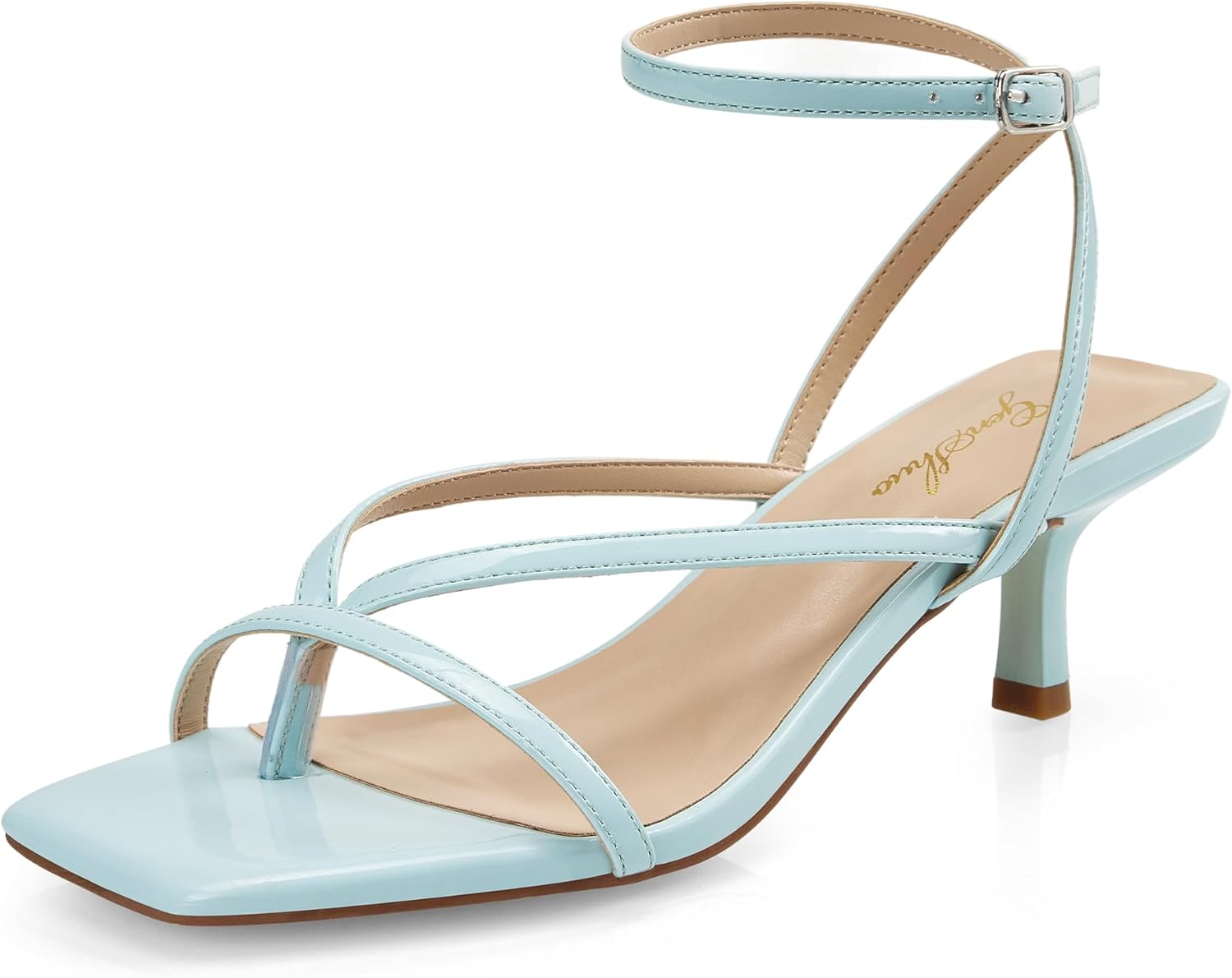 GENSHUO Women’s Strappy Kitten Heels Open Square Toe Low Heel Sandals, Thong Ankle Strap Dress Shoes for Wedding Party