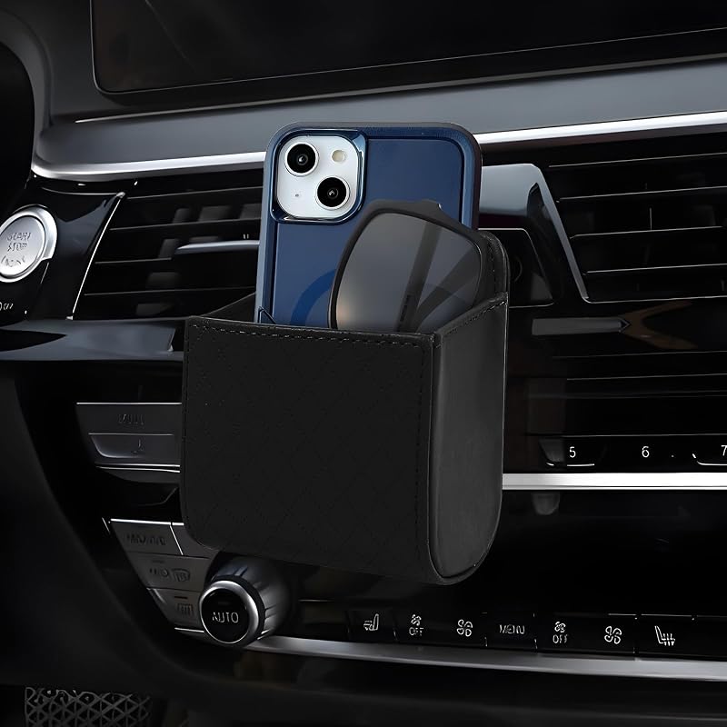 wuyaoyao Car Vent Storage Organizer, Leather Air Vent Storage Pouch with Hook, Automotive Dashboard Organizer Pocket for Phone Key Lipstick Coin Sunglasses, Universal Interior Car Accessories (Black)