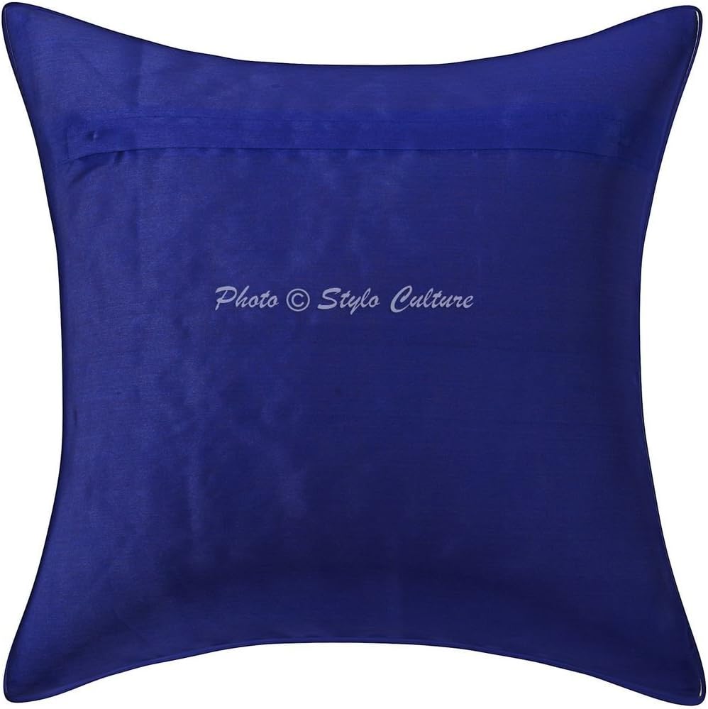 Indian Decorative Sofa Couch Accent Throw Pillow Covers 40x40 cm Brocade Bed Room Dark Blue Floral Jacquard Square Luxury Zippered Ethnic 16x16 Inch Cushion Covers - 5 Pcs