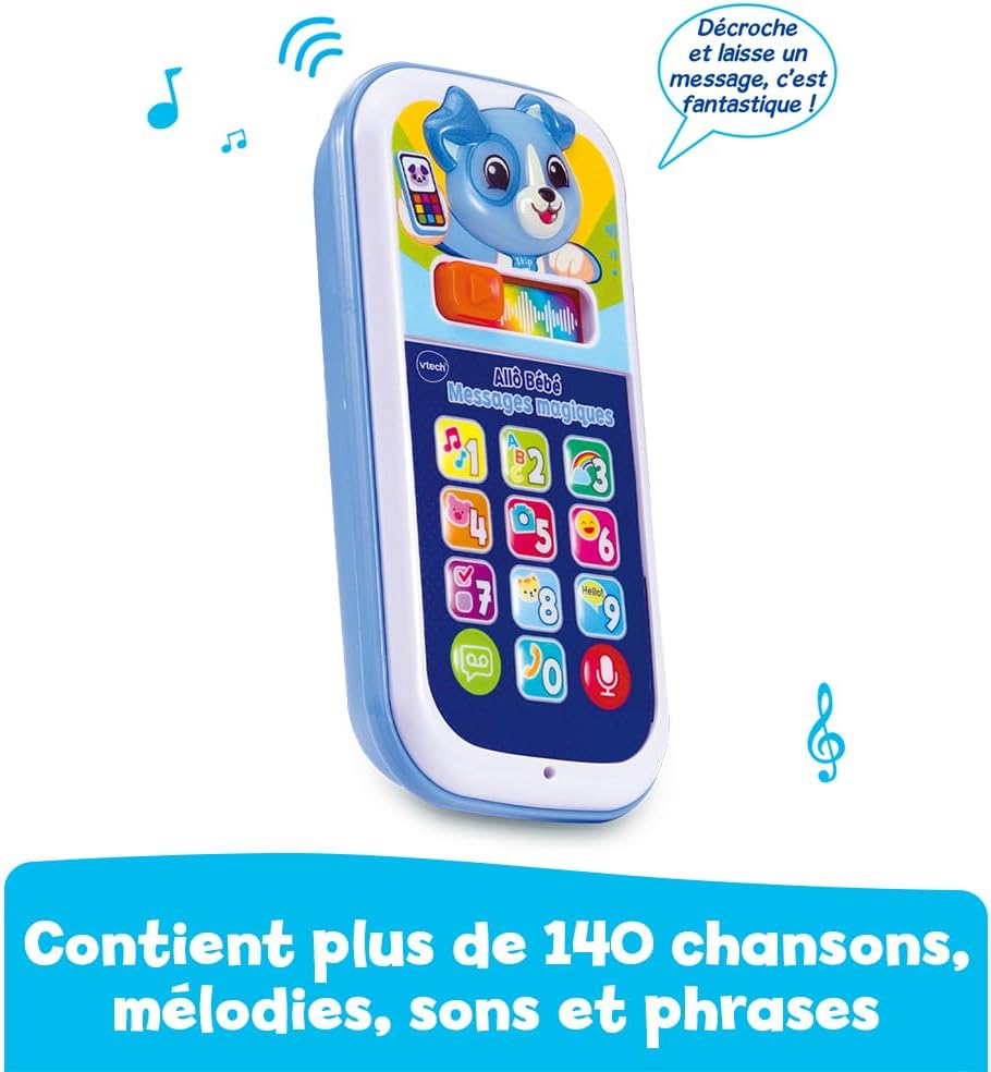 A woman smiling and holding the VTech Allô Bébé Magic Messages toy phone to her mouth, as if recording a message.