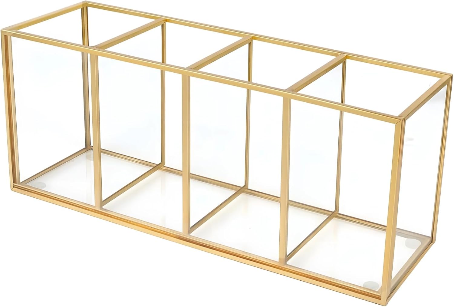 Gold Pencil Holder, Gold Makeup Brush Holder, 4-Compartment Desktop Organizer, Transparent Glass Holder, Ideal for Makeup, Office, School Items Storage