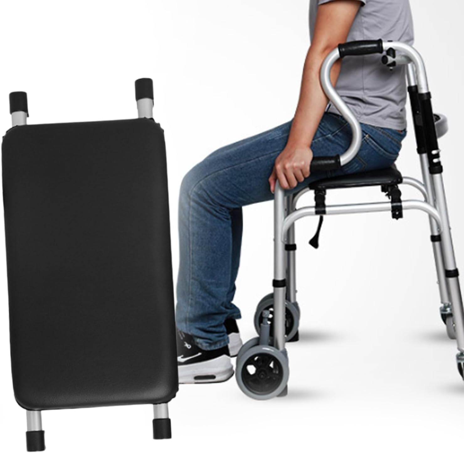 Adjustable Walker Rest Seat, Folding Walker Attachable Seat for Elderly Disabled, Range:20"~24" (Leather) Black Leather