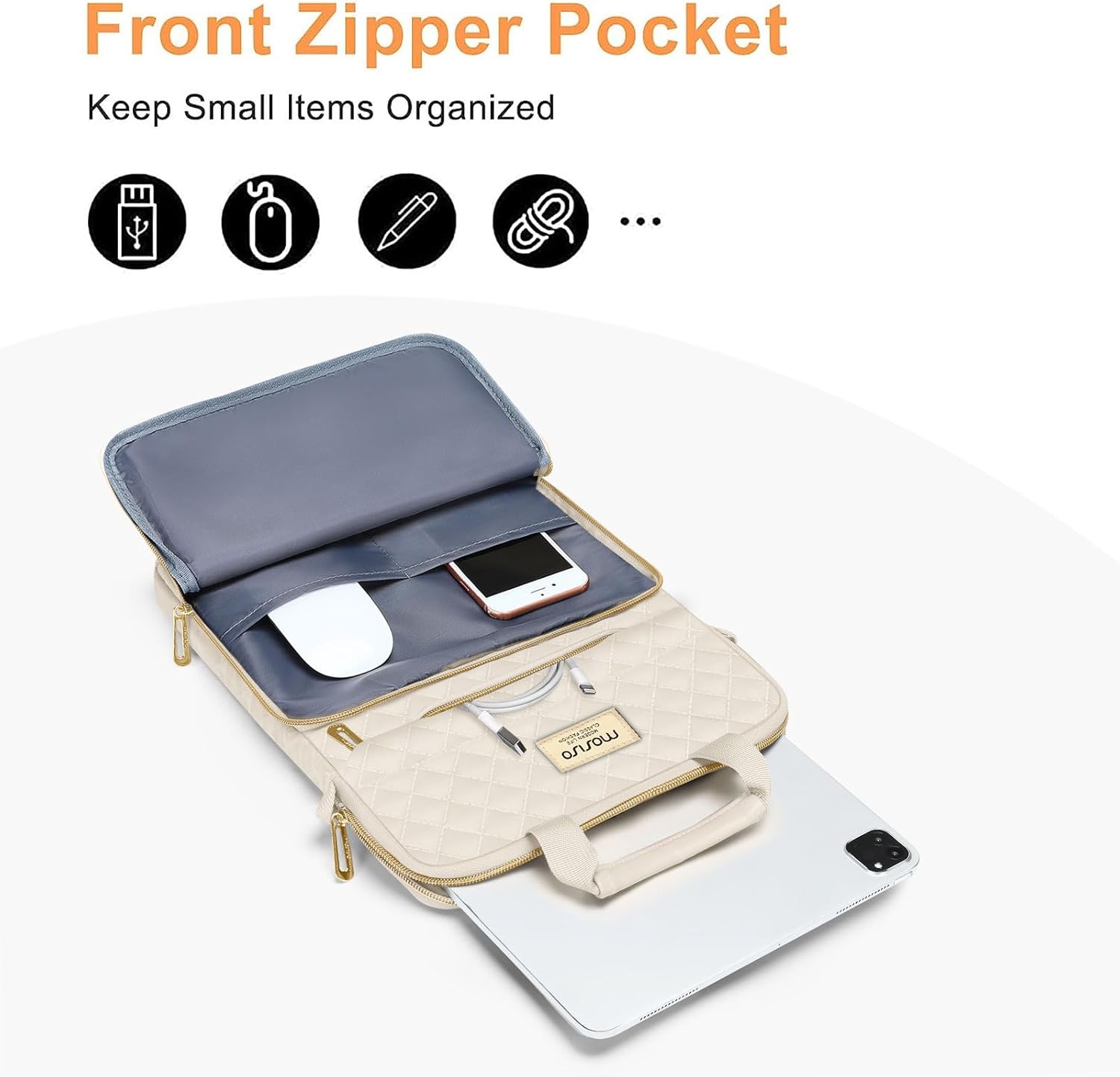 MOSISO 12.9 inch Tablet Sleeve Bag for iPad Pro 13 M4&iPad Air 13 M3 M2,iPad Pro 12.9 M2 M1 6/5,Surface Laptop Go 12.4,Galaxy Tab S8+/S9+ 12.4,Square Quilted Carrying Case with 2 Pockets, Sand - Image 4