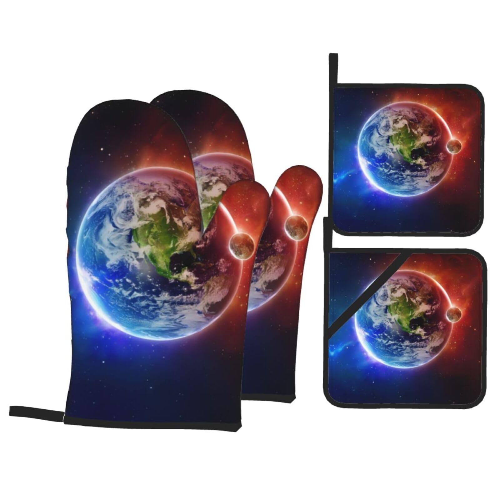 Space Planet Earth Printed Baking 4-Piece Set, includes oven mitts and a heat-resistant mat, suitable for oven and BBQ use