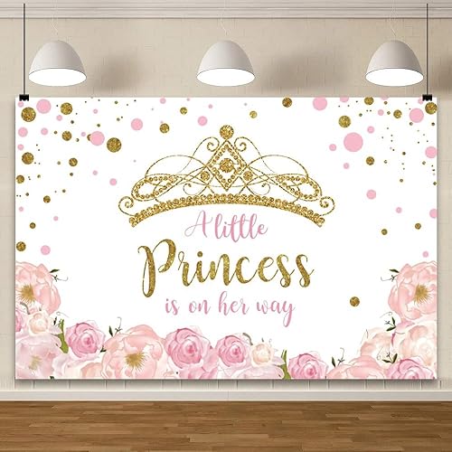 Miniatura 2 de YongFoto Telón de fondo para baby shower con corona dorada de 7 x 5 pies para fotografía floral rosa con texto en inglés "A Little Princess is On