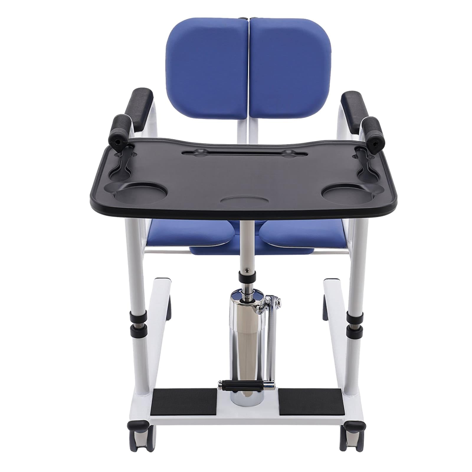 Sedia di trasferimento idraulica per pazienti e anziani, diviso a 180°, sedia multifunzionale altezza regolabile con ruote universali, tavolo da pranzo e vaso portatile (blu)