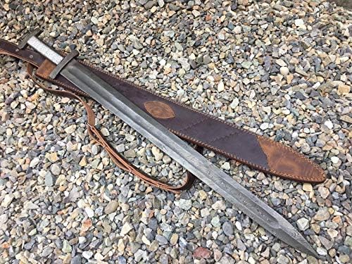 Custom Handmade Damascus Viking Sword with Leather Sheath