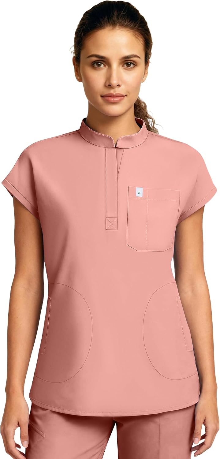 Medical Scrub Tops for Women - Mandarin Collar, Relaxed Fit, 4-Pocket Design, Shirttail Hem, Soft Stretch Scrub Shirts Pink