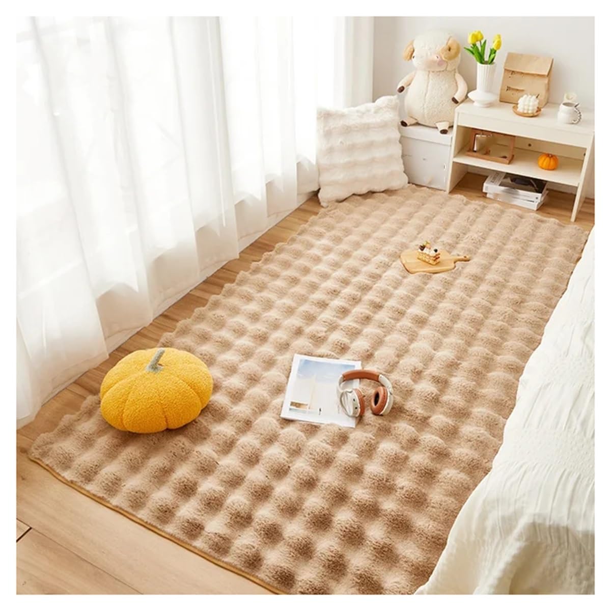 Tapis en peluche doux kaki pour isoler les pieds du sol froid de la chambre 90cm