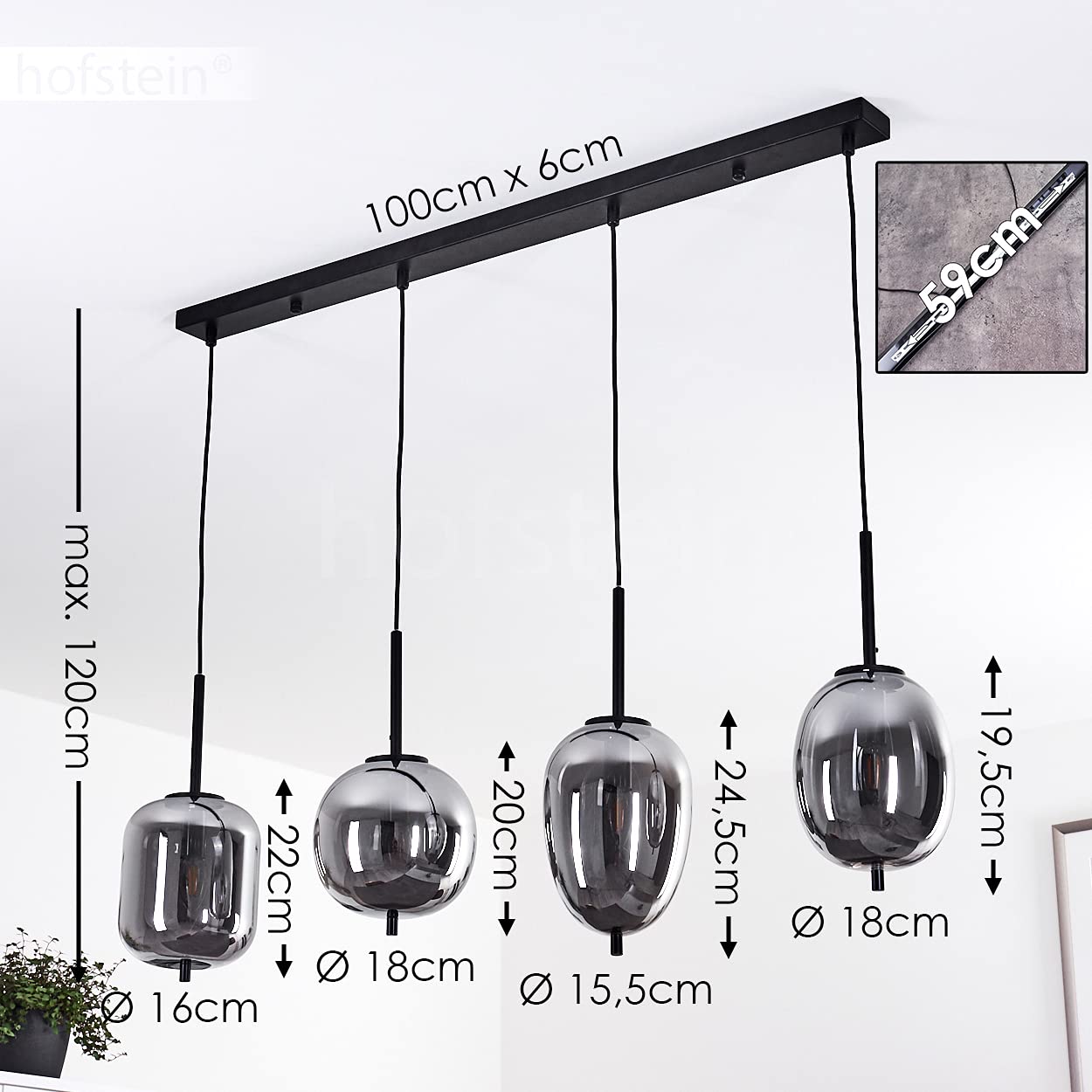 Lampa wisząca Verbania, 4-lampowa lampa sufitowa metal/szkło w kolorze czarnym/chromowym, nowoczesna lampa wisząca ze szklanymi kloszami, 4 x gniazdo E14, maks. wysokość 120cm, bez żarówek