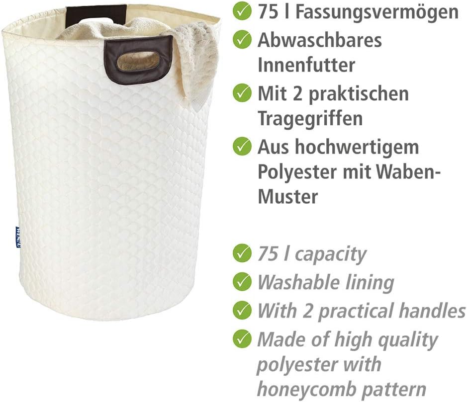 Wenko Laundry Bin, 20 Gal. Laundry Hamper, Beige, Collecting Laundry Basket with Handles, Round Laundry Hamper with honeycomb motif