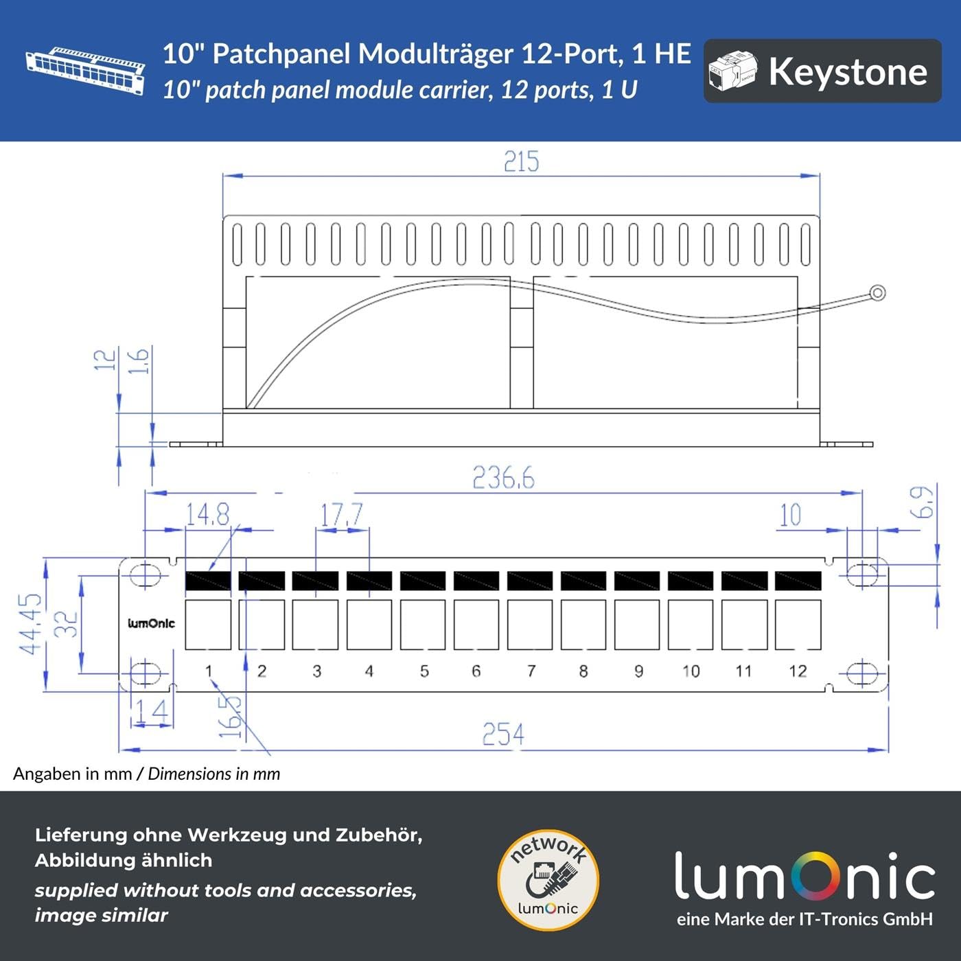 Lumonic 10" Patchpanel CAT8.1 Keystone-Set | 12 Port, 1HE mit Beschriftungsfeld | inkl. 12x CAT8.1 Module werkzeugfrei, 40 Gbit/s | Rackmontage | schwarzes Patchfeld | Kabelmanagement | PoE