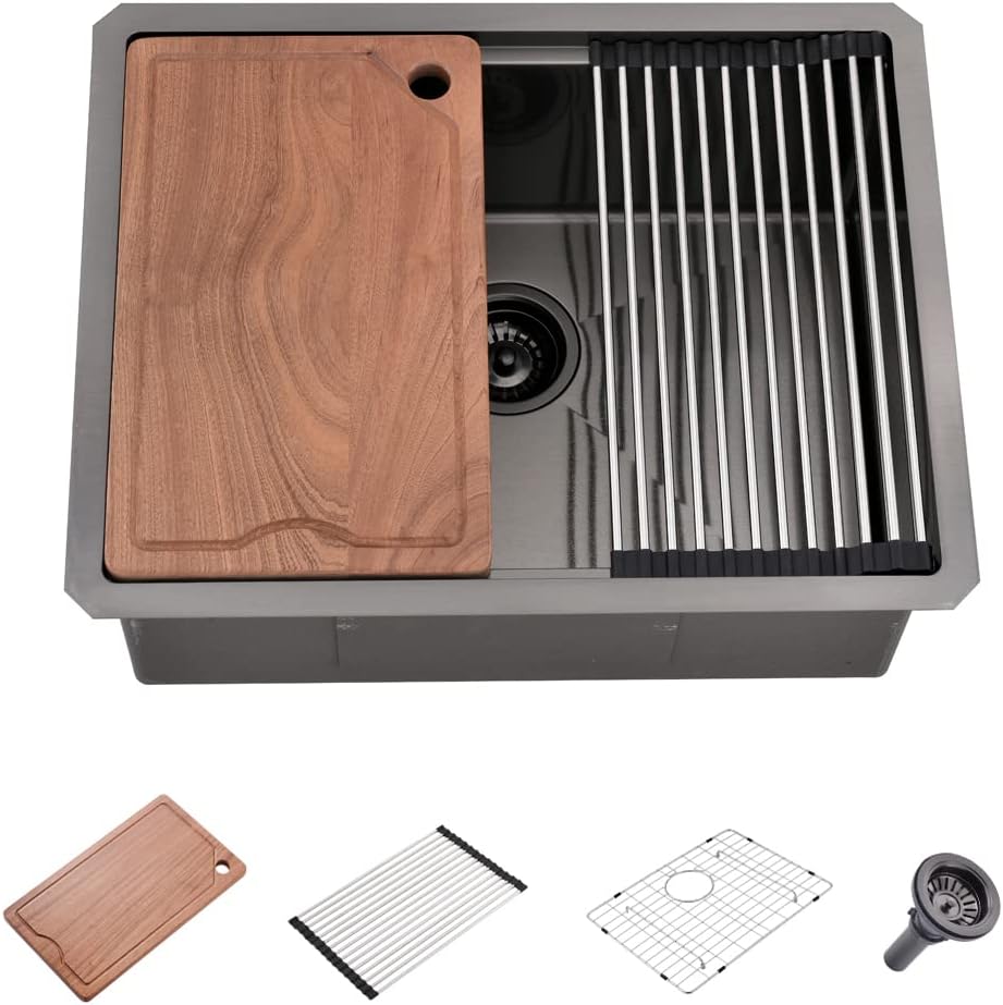 16 Black Bar Sink Drop In Workstation Kitchen Sink, FRANIC 16" x 18" x