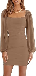 Women's Mesh Long Sleeve Square Neck Ruched Party Club Cocktail Bodycon Mini Dress - Buy now