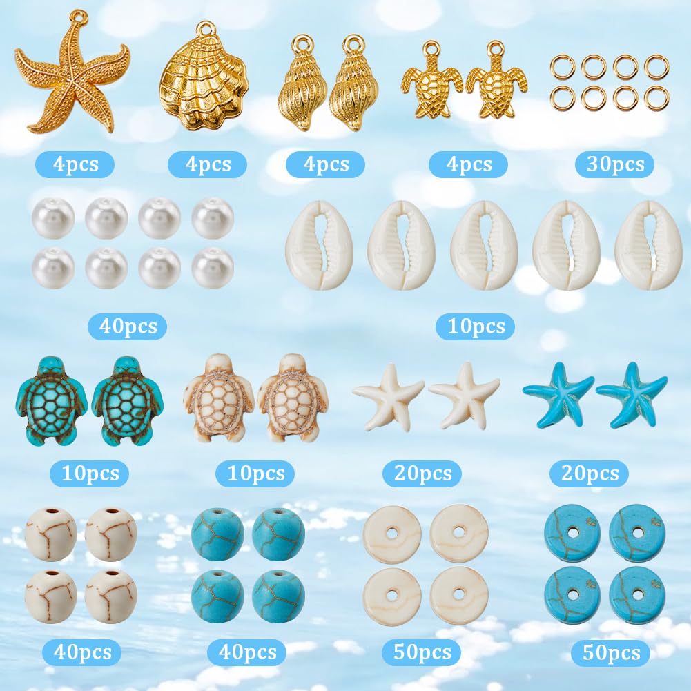 SUNNYCLUE 1 scatola 336 pezzi Kit Perline Oceano Tartaruga Marina Stella Marina Perlina Estate Hawaii Ciondoli Vita Marina Ciondolo Conchiglia Oro Ciondoli Tartarughe Perline Turchesi Fortunate per Ki