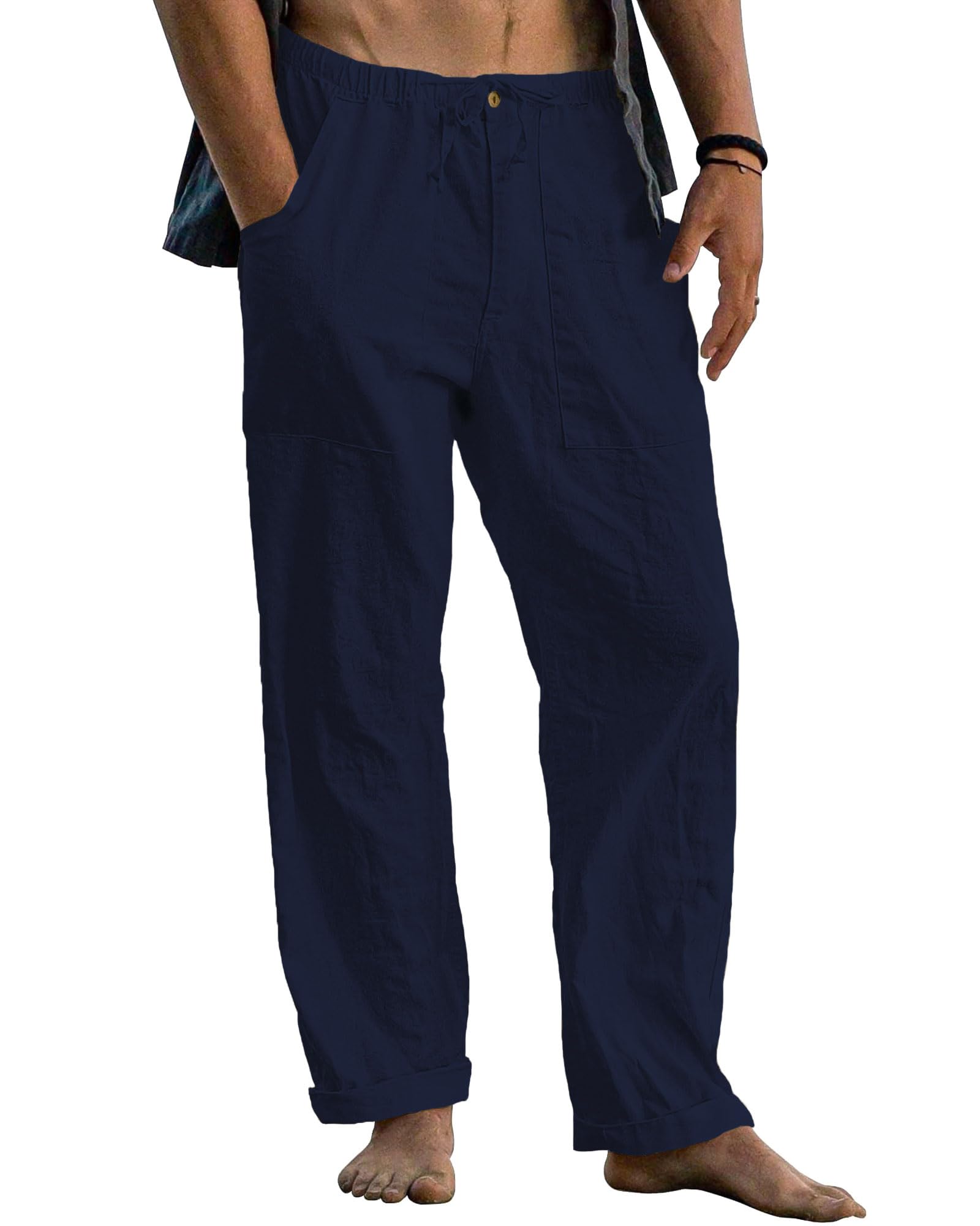 Cegerne Pantaloni in Lino Uomo Lunghi Leggeri, Pantaloni Estivi Casual con Vita Elastica e Coulisse, per Spiaggia Vacanze Medievale Vintage e Uso Quotidiano