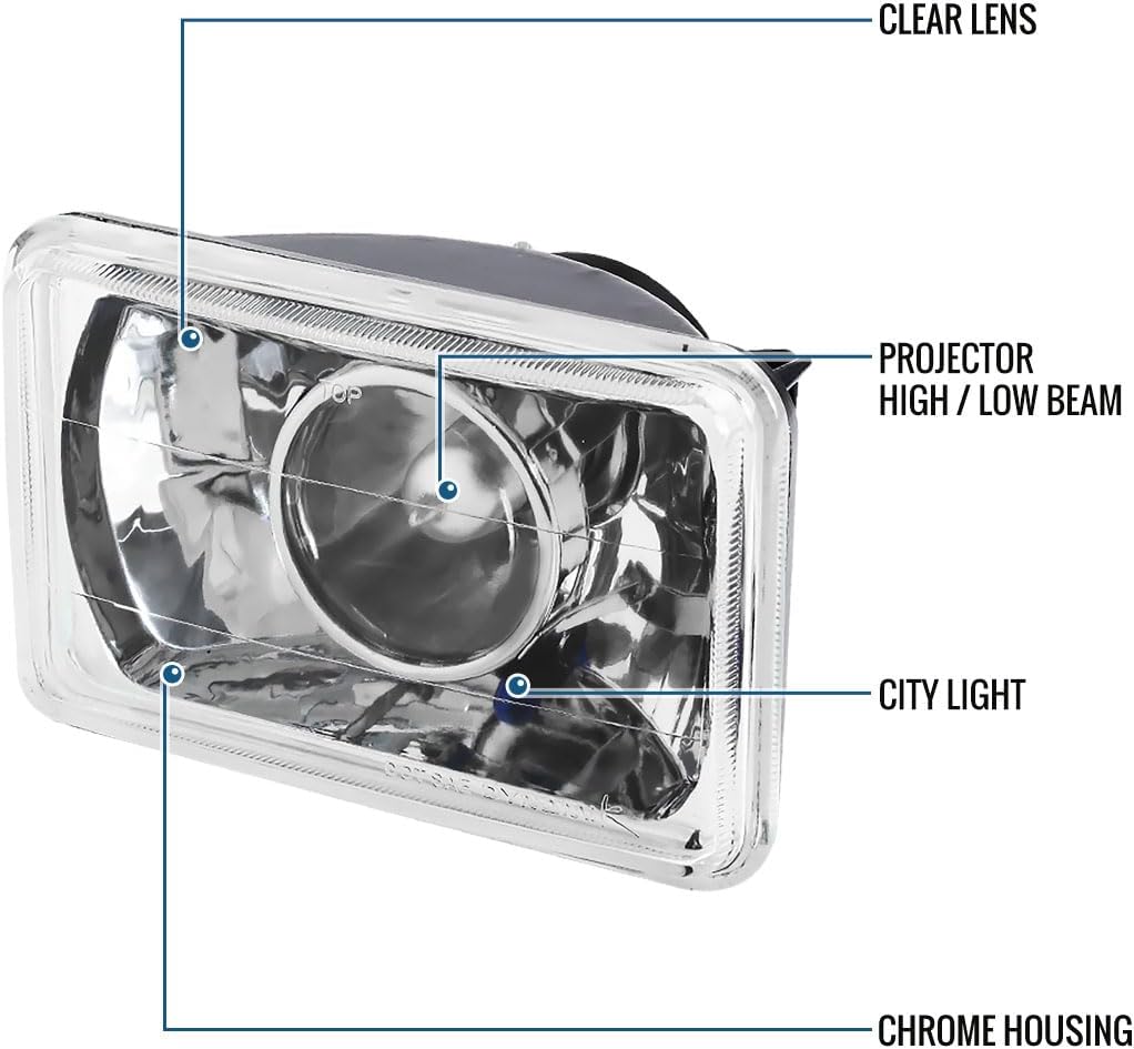 Ronnin - Fits All Vehicles with 4" X 6" Sealed Beam Projector Headlights H4651 H4652 H4656 H4666 H6545 Pair | Chrome