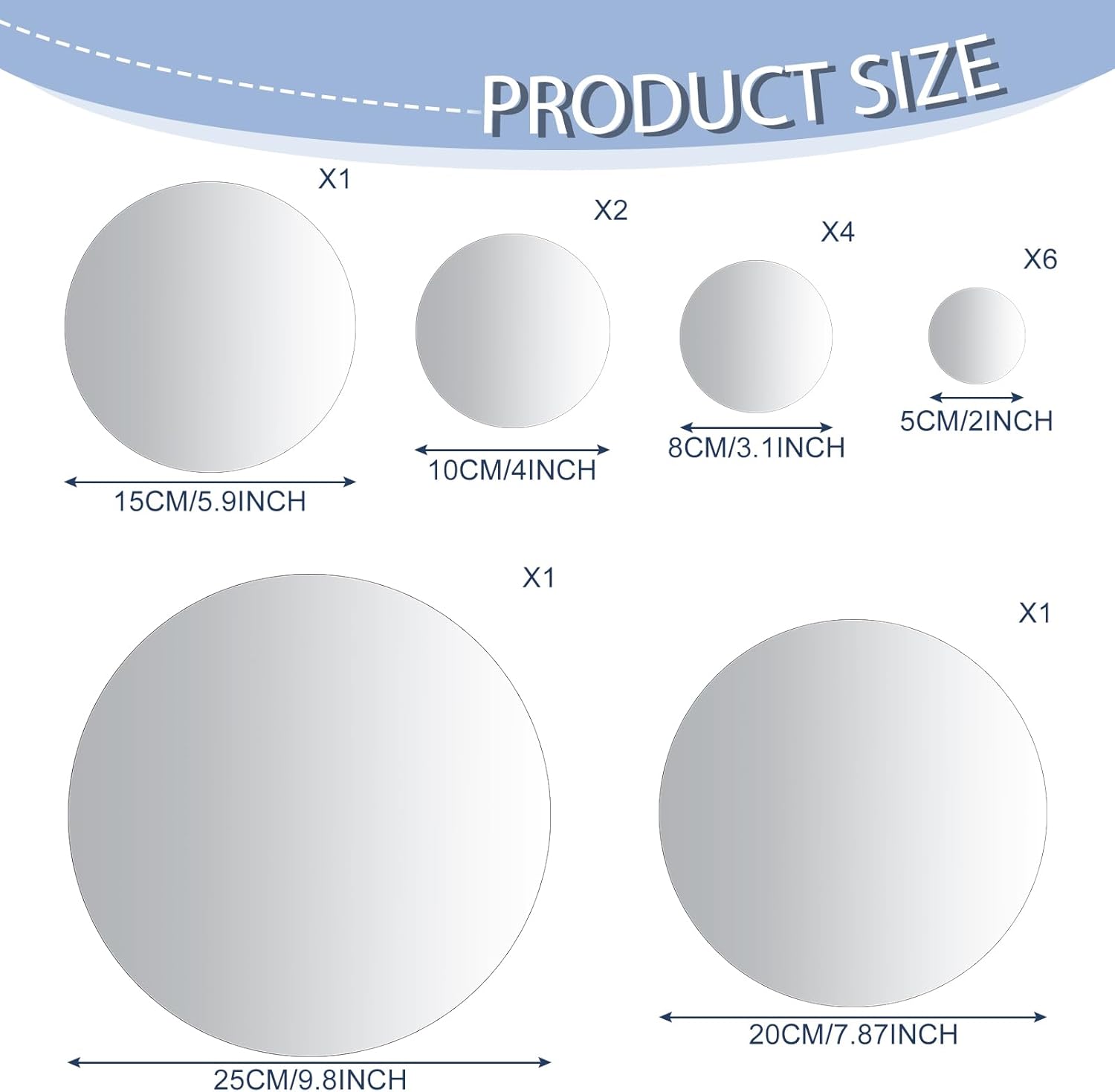 Jetec 15 Pcs Real Glass Round Mirror Tiles Frameless Wall Glass Tiles Round Wall-Mount Mirrors with Acrylic Double Sided Adhesive for Bedroom Bathroom Craft(2/3/4/6/8/10 Inch)